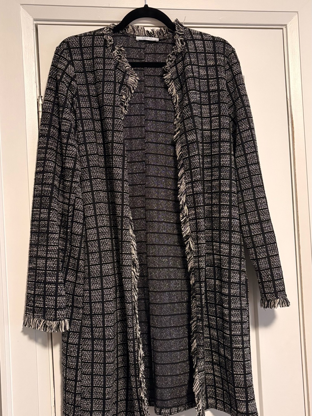 Zara Black & White Fringed Open-Front Cardigan - S